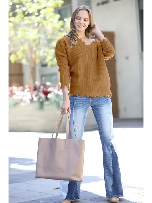 Drop Shoulder Distressed Sweater