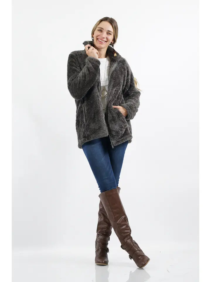 Faux Fur Zipper Front Jacket Side Pockets