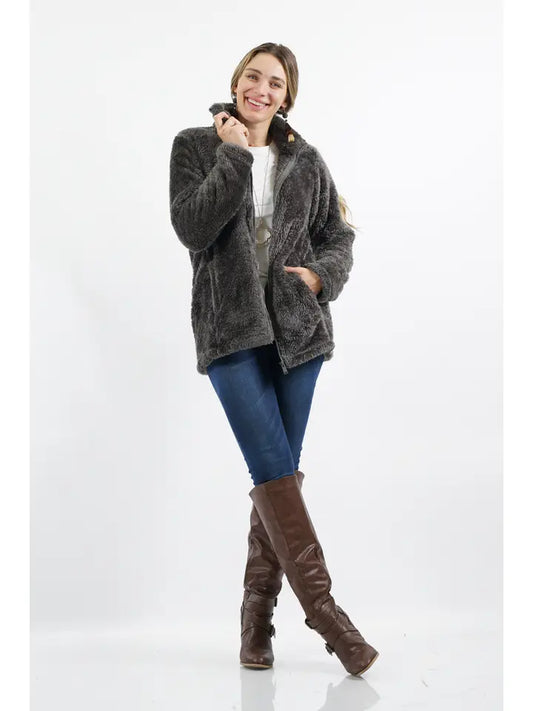 Faux Fur Zipper Front Jacket Side Pockets