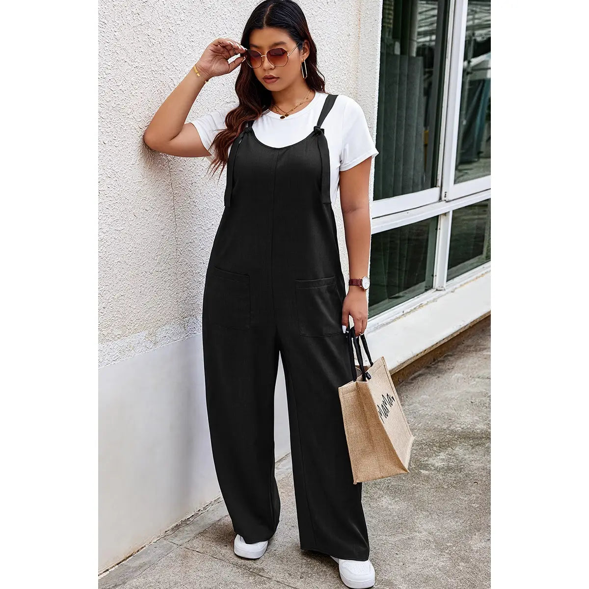 Plus Sleeveless Loose Fit Solid Pockets Jumpsuit