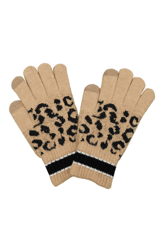 Leopard Pattern Stripe Cuff Touch Gloves
