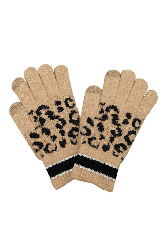 Leopard Pattern Stripe Cuff Touch Gloves