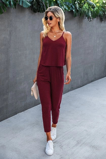 Sleeveless Solid Pocket Side Cami Jumpsuit