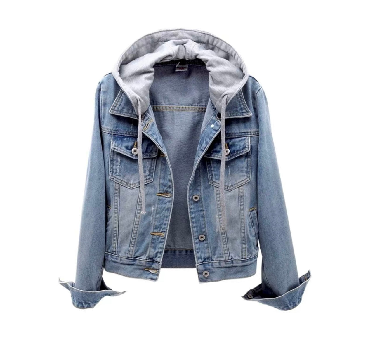 Women's Denim Distressed Jacket with Detachable Hood