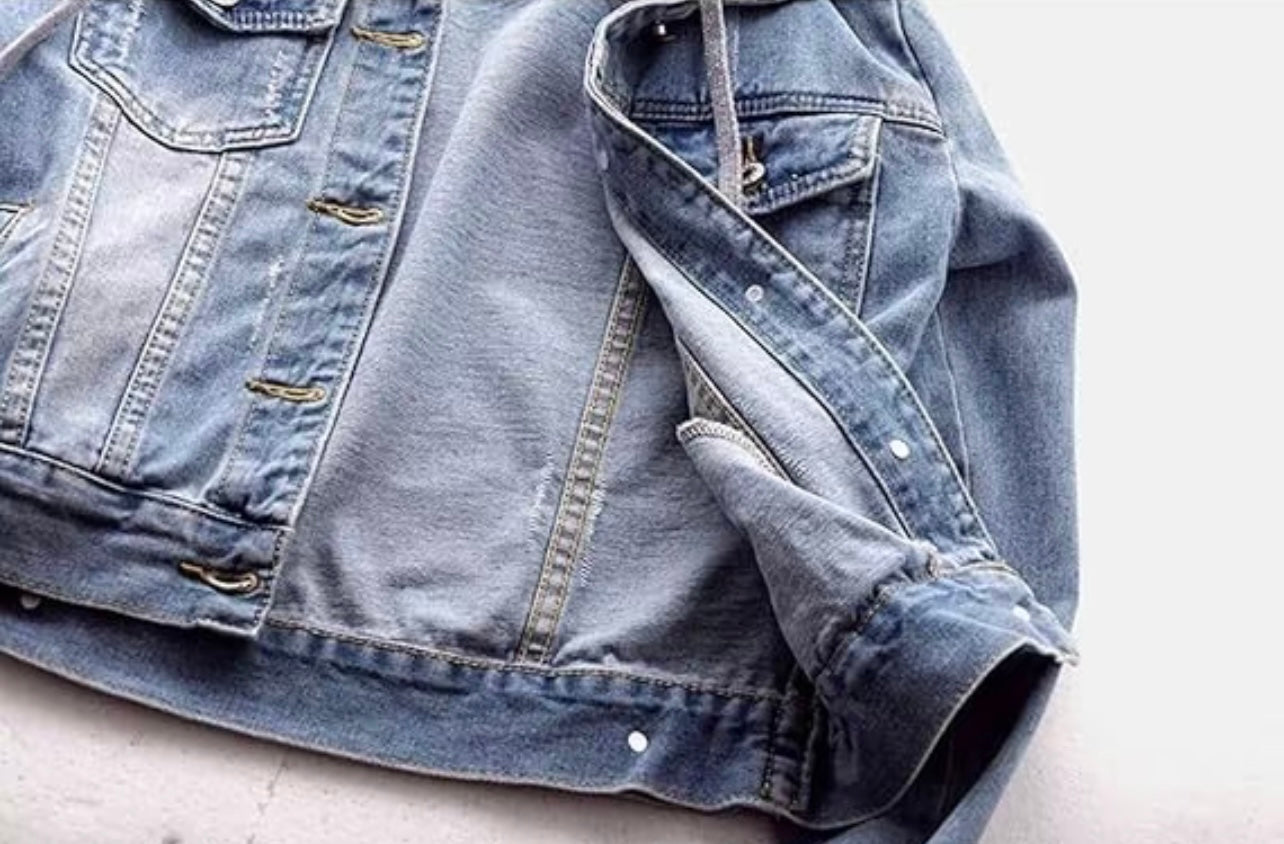 Women's Denim Distressed Jacket with Detachable Hood