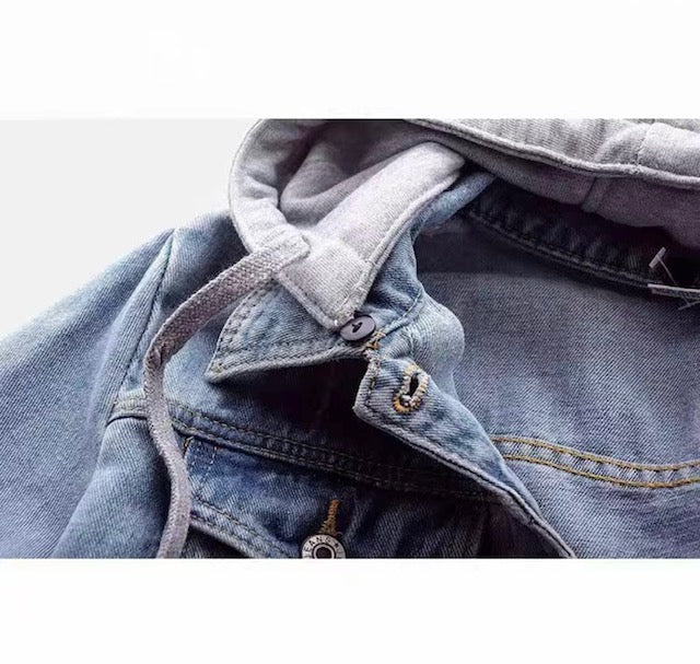 Women's Denim Distressed Jacket with Detachable Hood