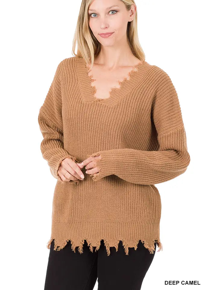 Drop Shoulder Distressed Sweater